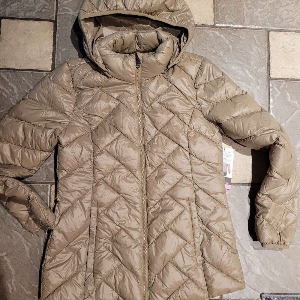 NEW WOMENS LONDON FOG DOWN JACKET WITH ZIP OFF HOOD TAN  PACKABLE